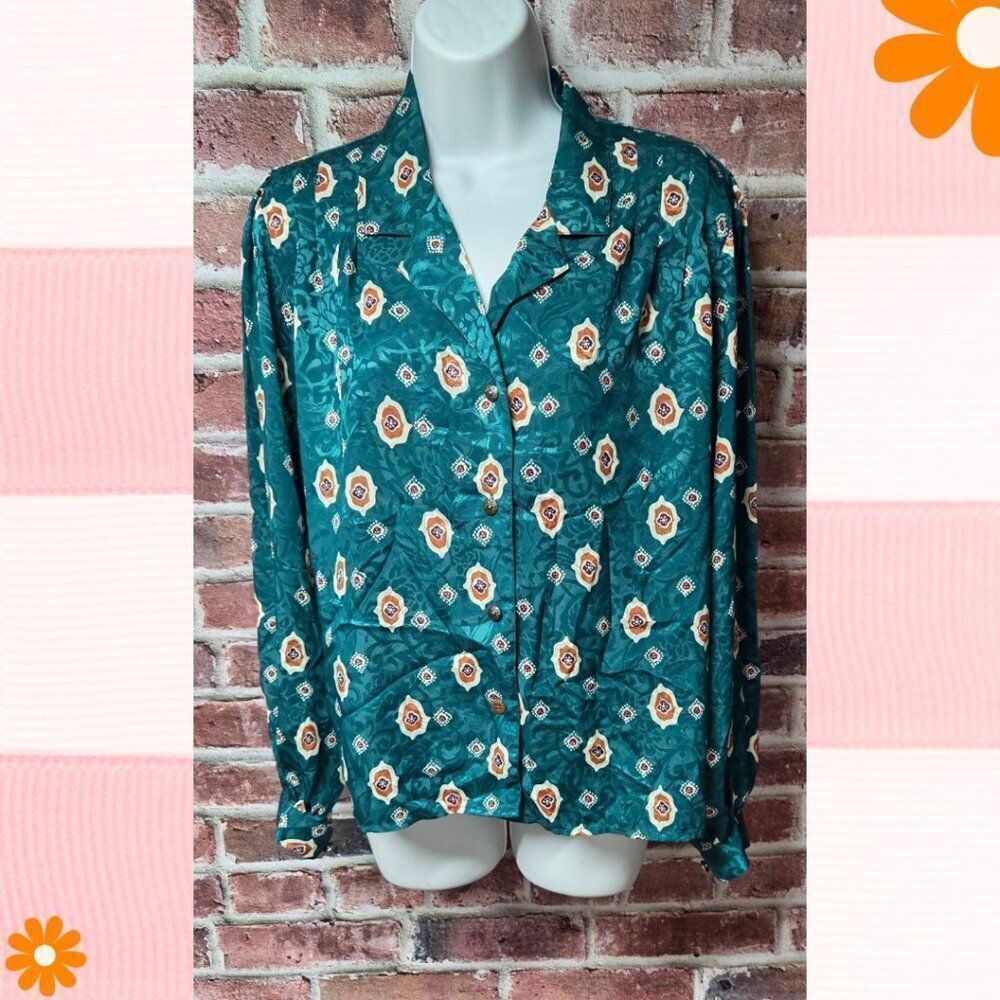 Vintage Peters & Ashley Green‎ Satin Paisley Button Up Blouse Top – Size 12